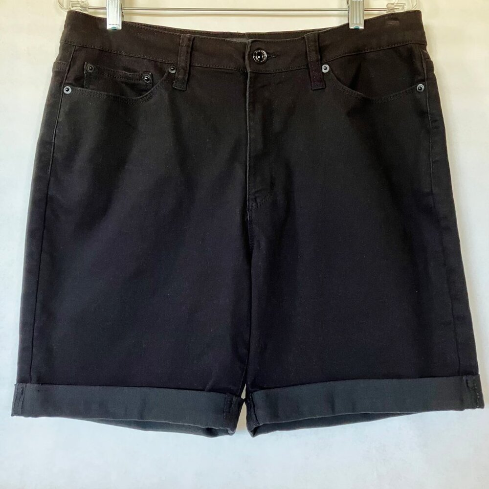 DKNY Jeans Shorts Black Stretch Soft Cotton Blend Cuff Pockets Size 12 Women's